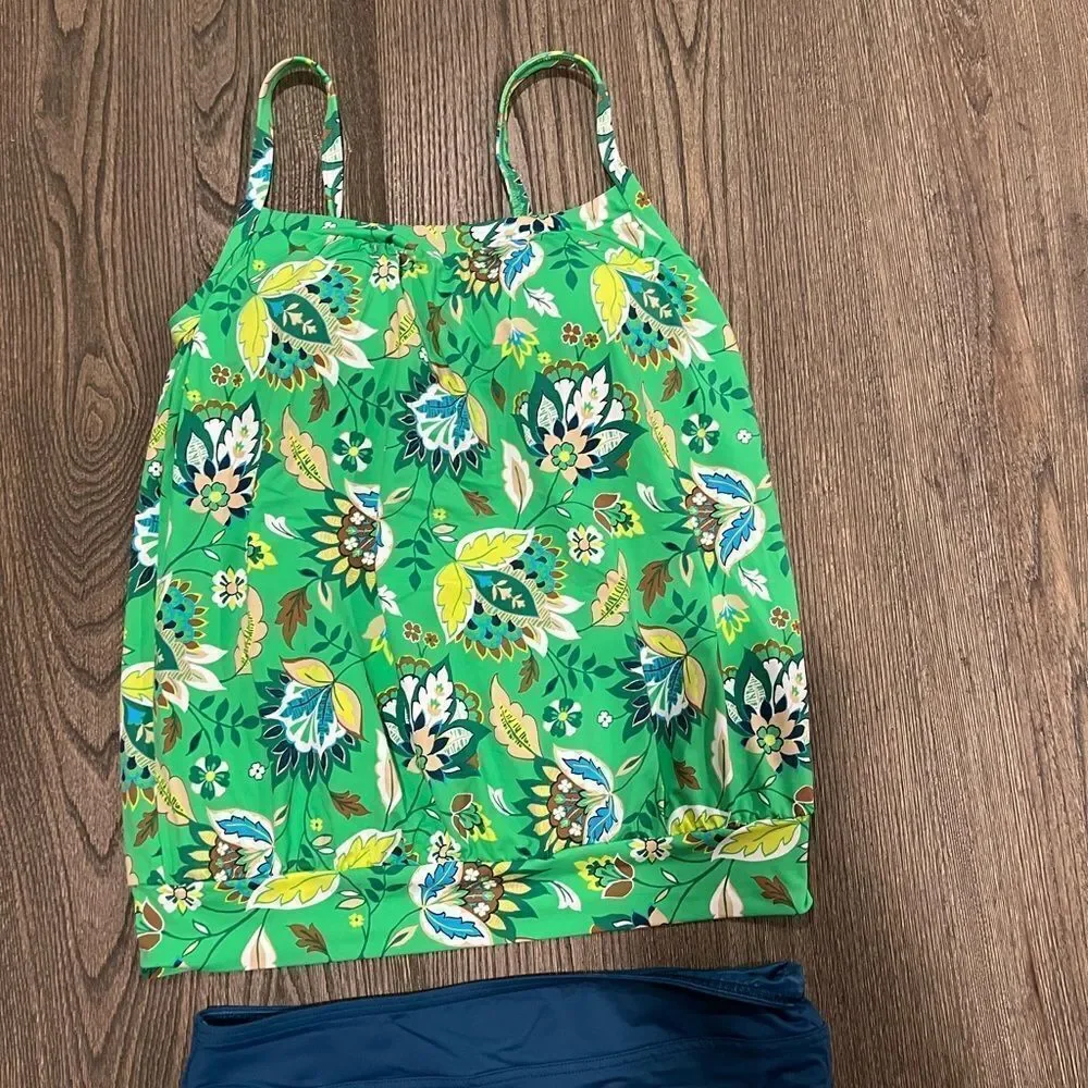 Lands End Bathing Suit Tankini Floral Tank Padded Green Navy Blue Size 4/6